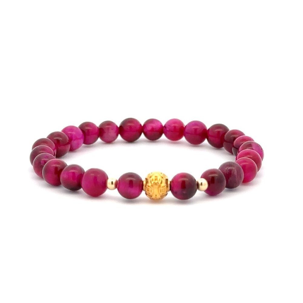 18K Gold Money Ball Lucky Charm Beads Bracelet Gemstones Pink Tiger's Eye 6mm